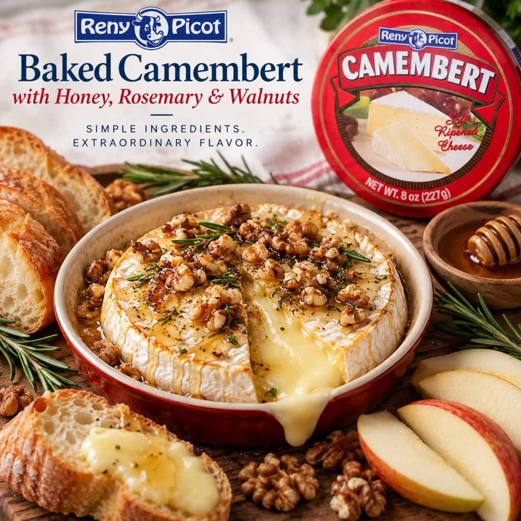 Baked Reny Picot Camembert topped with honey, rosemary and walnuts, served warm with crusty bread and fresh apple slices.